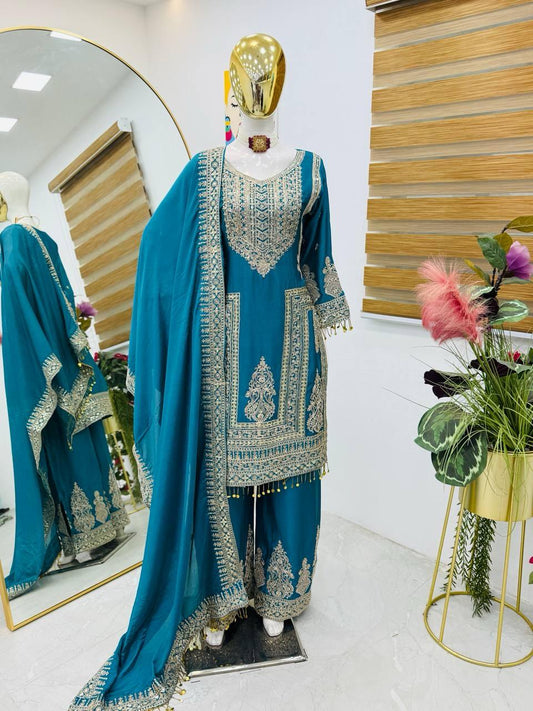Charming Designer Sky Blue Color Sequins And Embroidery Work Palazzo Suits With Dupatta For Women