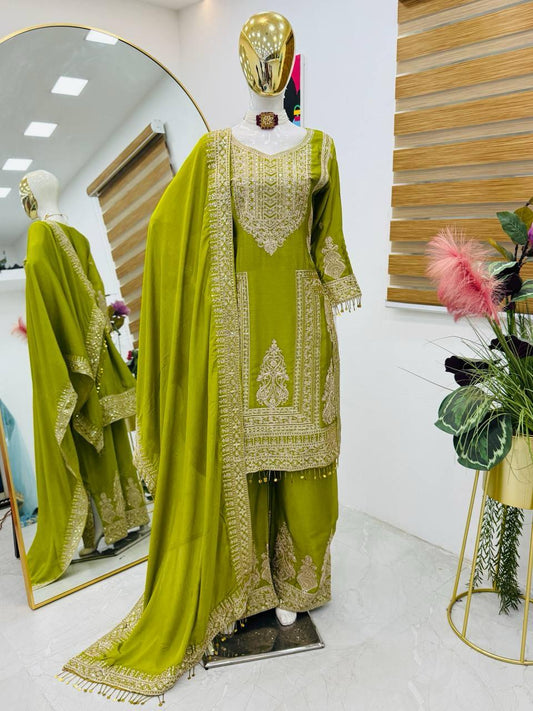 Alluring Designer Lime Green Color Sequins And Embroidery Work Palazzo Suits With Dupatta For Women