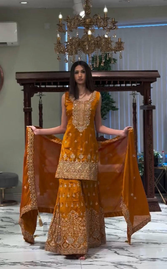 Mustard Yellow Color Faux Georgette With Sleeves Heavy Embroidery Work Sequins Sharara Suit For Women