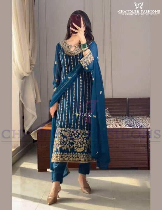 Attractive Teal Blue Color Chinon Silk With Heavy Sequins And Embroidery Work Salwar Suits For Women