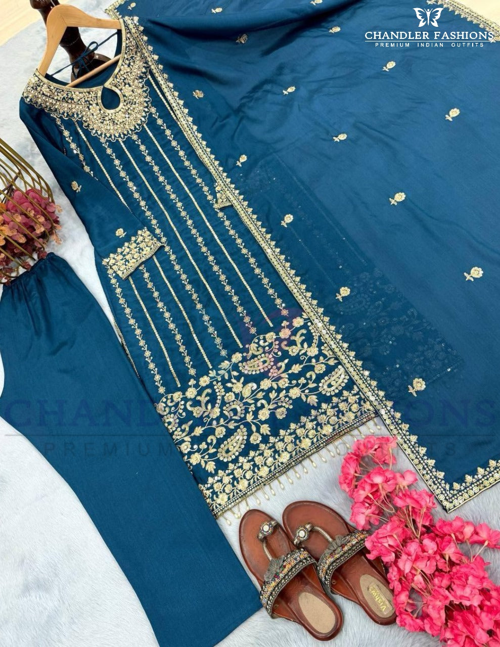 Attractive Teal Blue Color Chinon Silk With Heavy Sequins And Embroidery Work Salwar Near Me