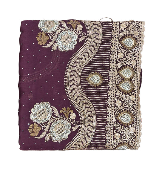Pretty Dark Purple Color Georgette And Chiffon With Embroidered Work Fancy Saree - PREMIUM QUALITY