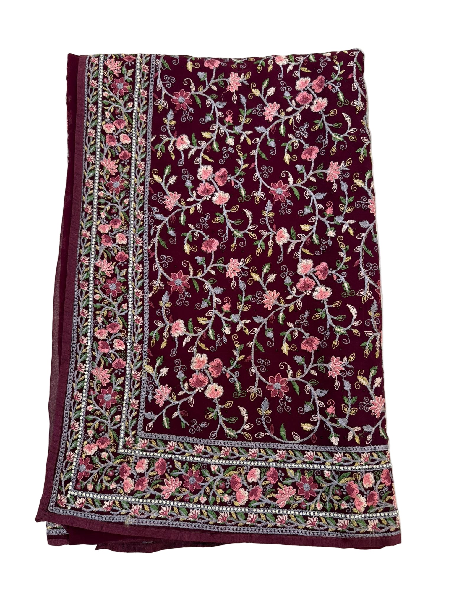 Beautiful Plum Color Soft Georgette Embroidered Work With White stone Fancy Saree - PREMIUM QUALITY