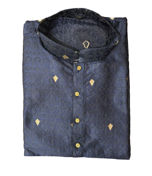 Alluring Dark Blue Color Raw Silk With Embroidery Work Kurta Suits For Men