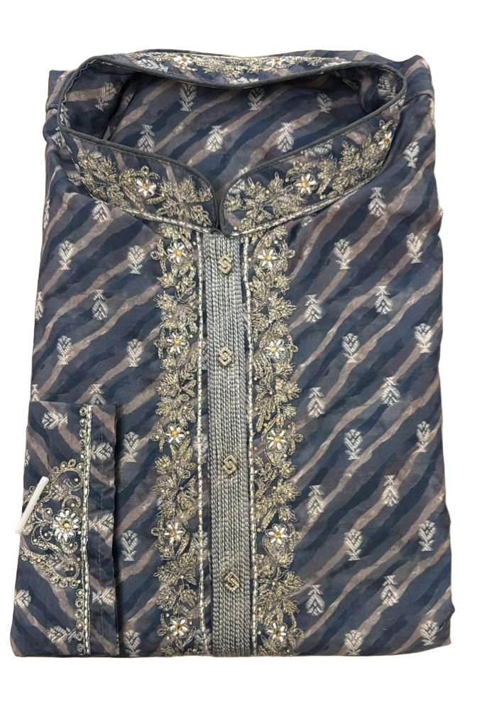 Beautiful Ash Grey Color Raw Silk Designer Men's Kurta With Stone And Embroidery Work