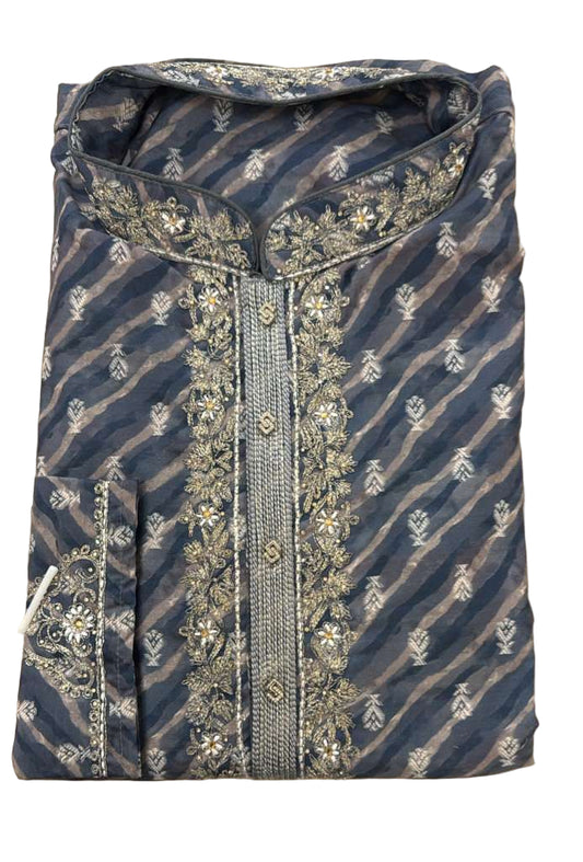Beautiful Ash Grey Color Cotton Designer Men's Kurta With Stone And Embroidery Work