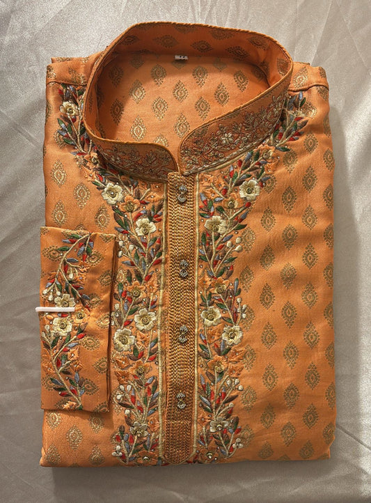 Attractive Orange Color Raw Silk Designer Men's Kurta With Stone And Embroidery Work