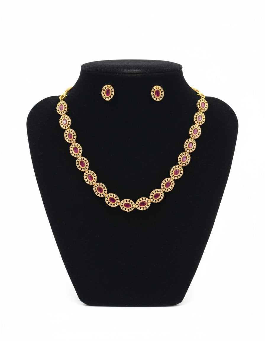 Amazing Dark Pink Color Gold Plated Necklace With Earrings Set