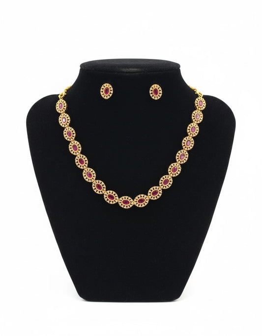 Amazing Dark Pink Color Gold Plated Necklace With Earrings Set