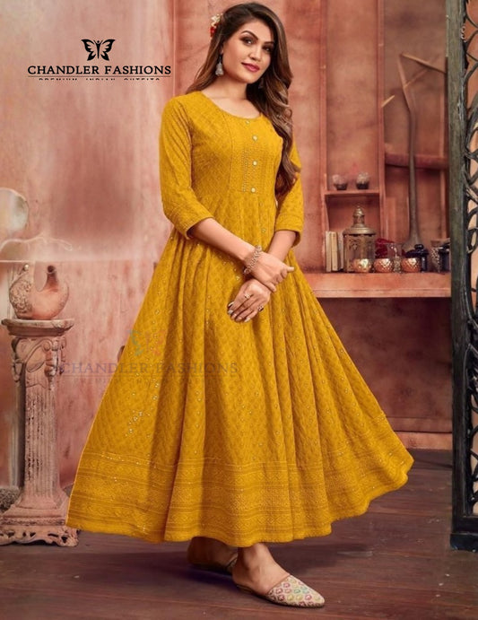 Elegant Mustard Yellow Color Anarkali Gown For Women
