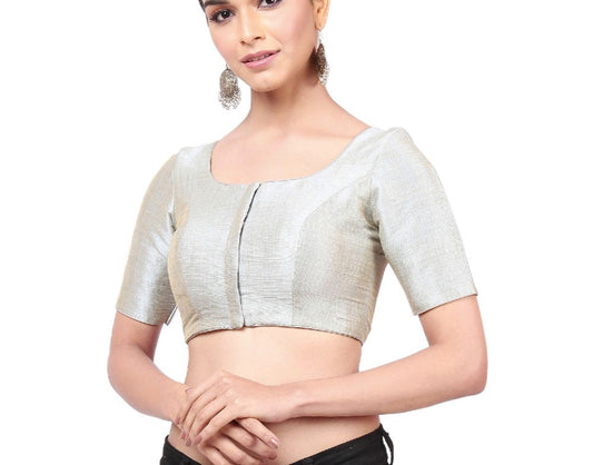 Fabulous Silver Color Mulberry Silk With Designer Blouse For Women
