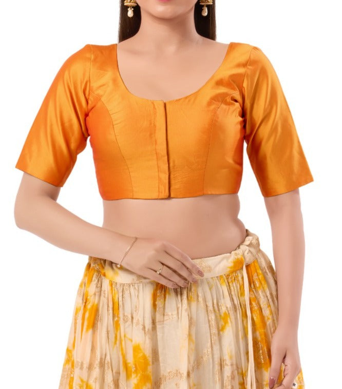 Elegant Mustard Yellow Color Silk Blend With Round Neck Readymade Blouse For Women