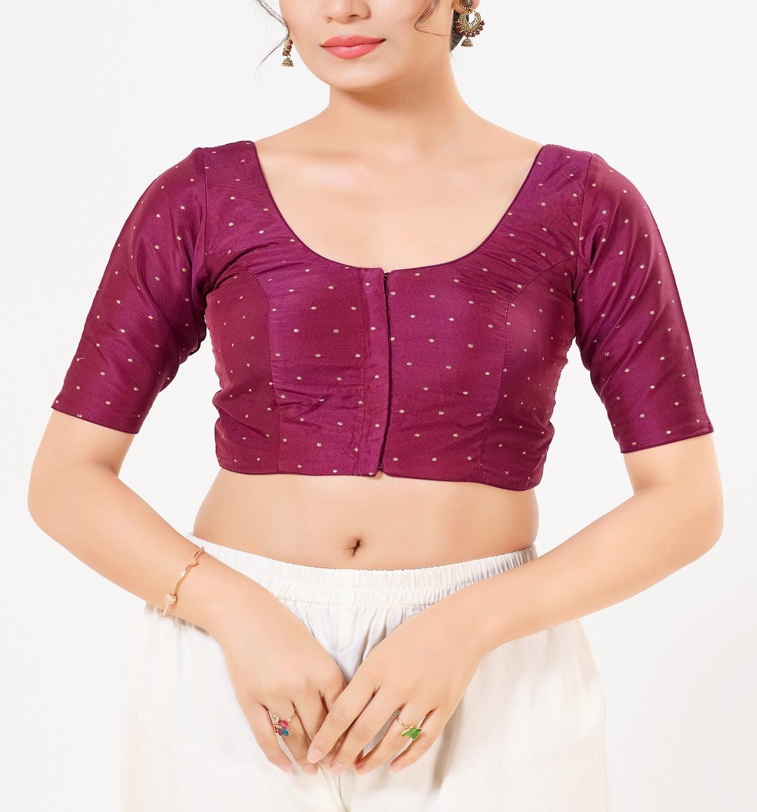Appealing Wine Color Taffeta Silk With Round Neck Readymade Blouse For Women