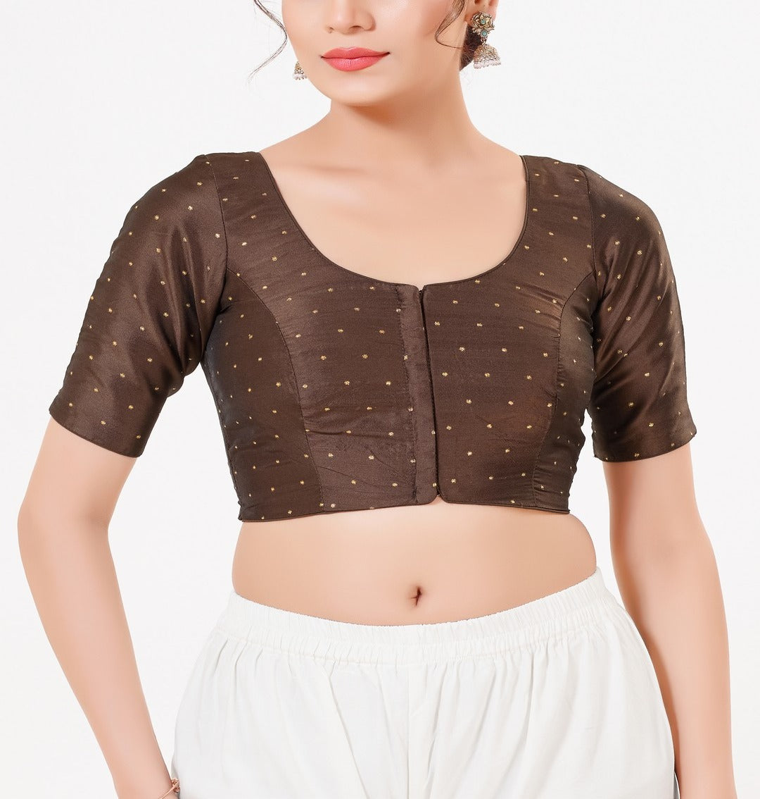 Stunning Brown Color Taffeta Silk With Round Neck Readymade Blouse For Women