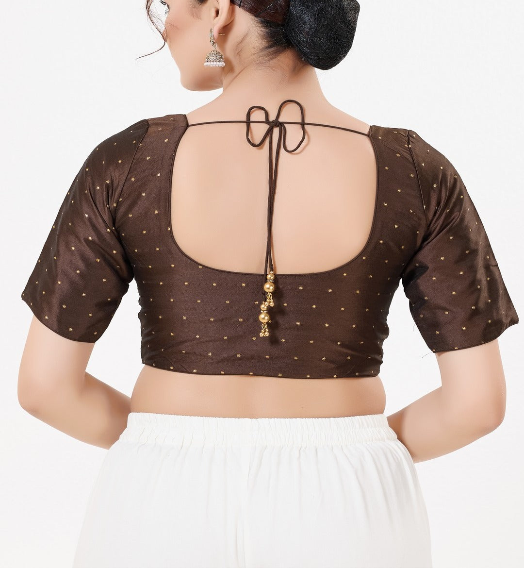 Brown Color Taffeta Silk With Round Neck Readymade Blouse Near Me
