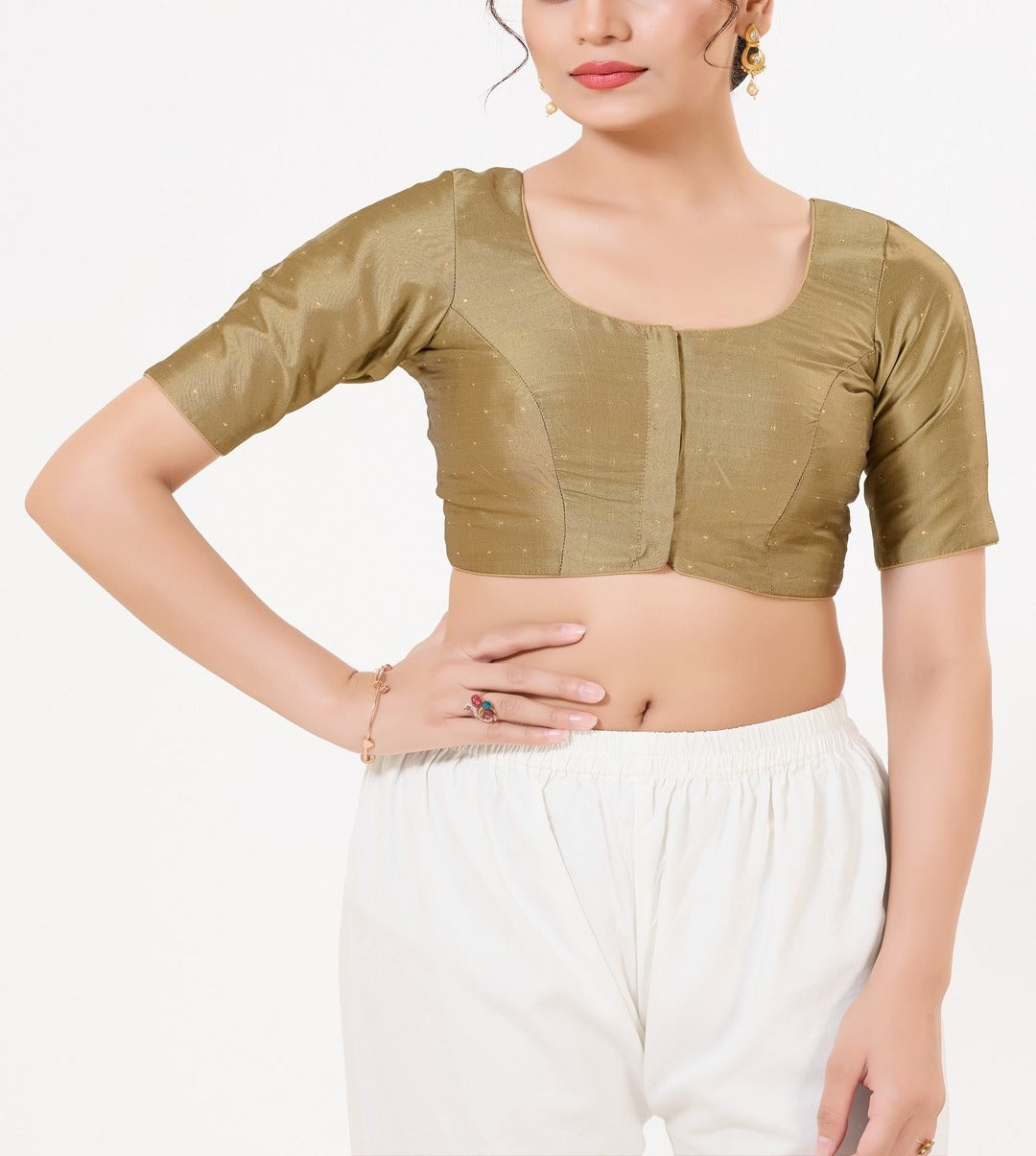 Beautiful Copper Color Taffeta Silk With Round Neck Readymade Blouse For Women