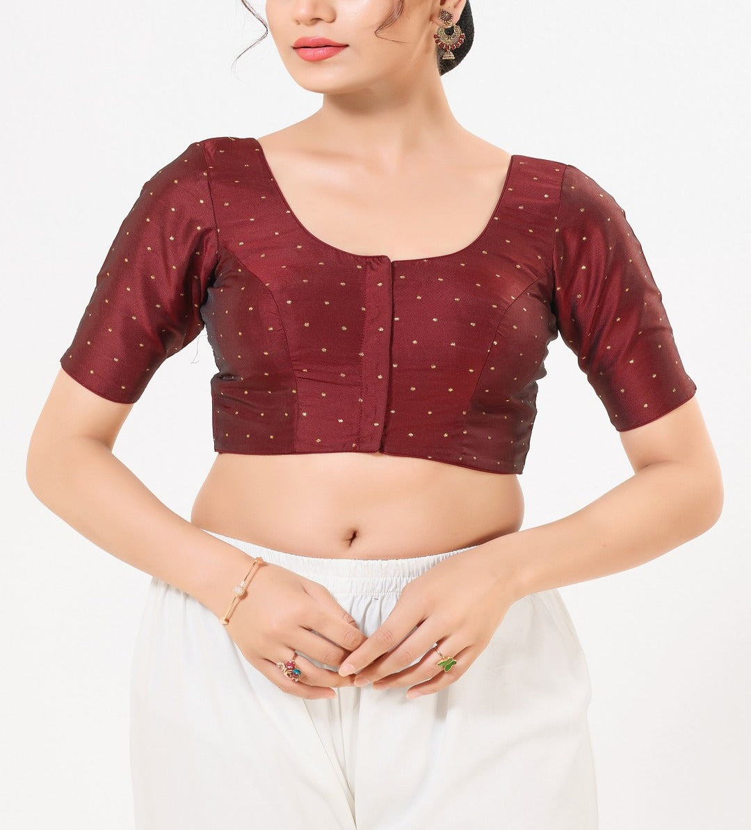 Alluring Dark Maroon Color Taffeta Silk With Round Neck Readymade Blouse For Women