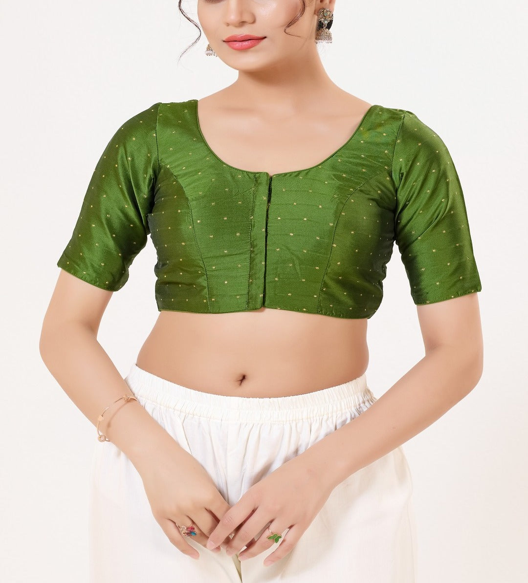 Pretty Mehendi Green Color Taffeta Silk With Round Neck Readymade Blouse For Women