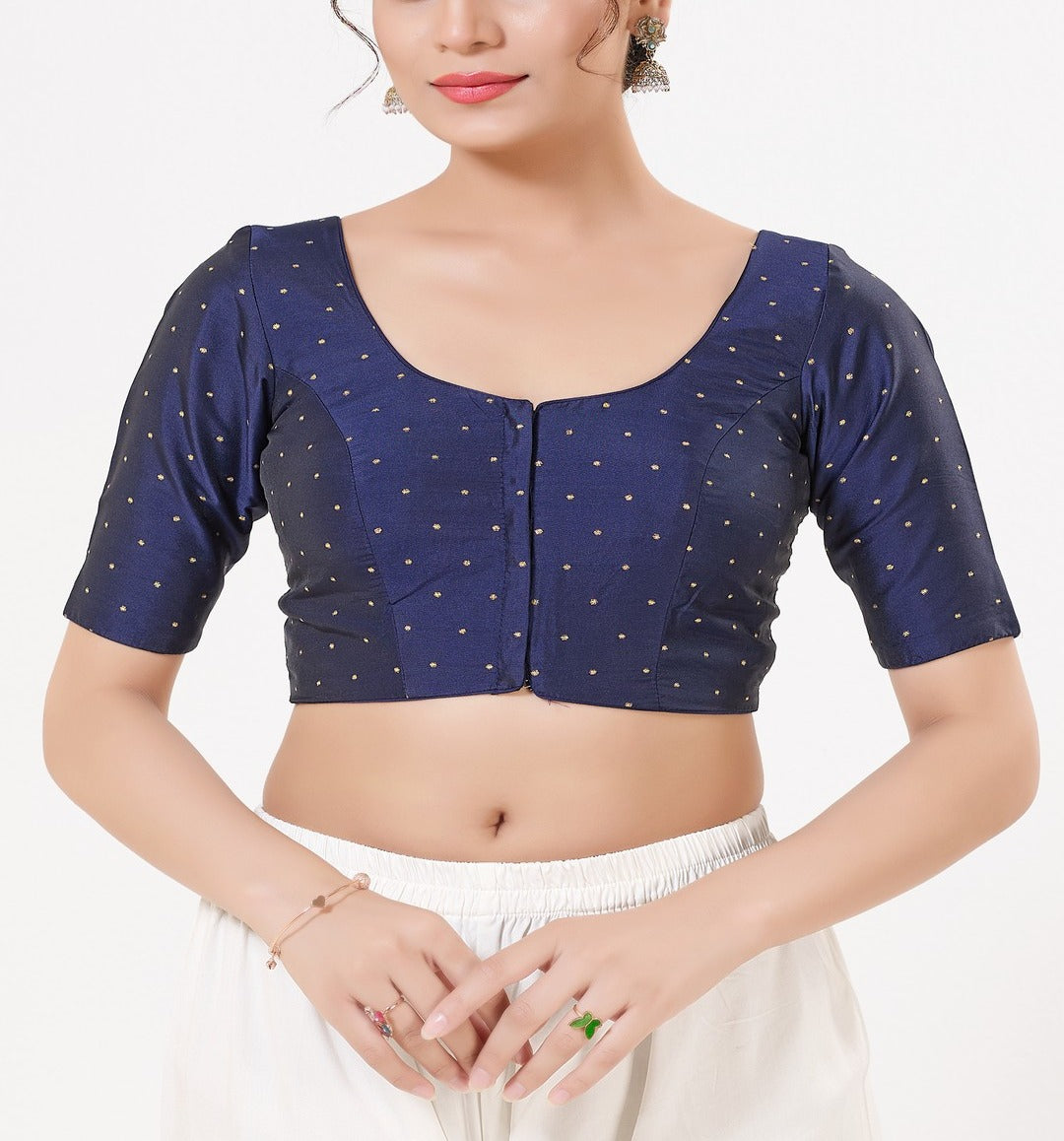 Appealing Navy Blue Color Taffeta Silk With Round Neck Readymade Blouse For Women
