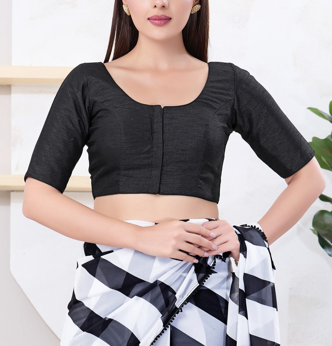 Amazing Black Color Dupion Silk With Round Neck Readymade Blouse For Women