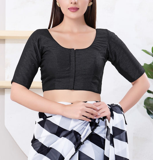 Amazing Black Color Dupion Silk With Round Neck Readymade Blouse For Women