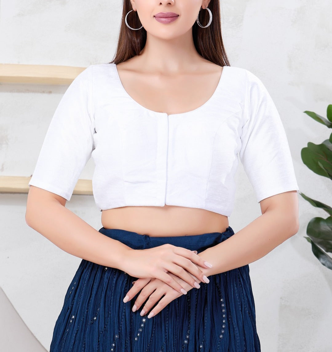Alluring White Color Dupion Silk With Round Neck Readymade Blouse For Women