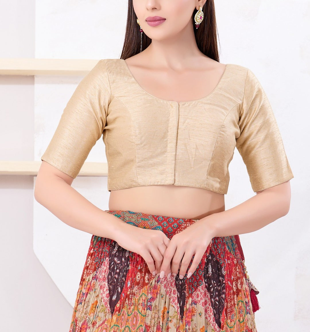 Attractive Beige Color Dupion Silk With Round Neck Readymade Blouse For Women
