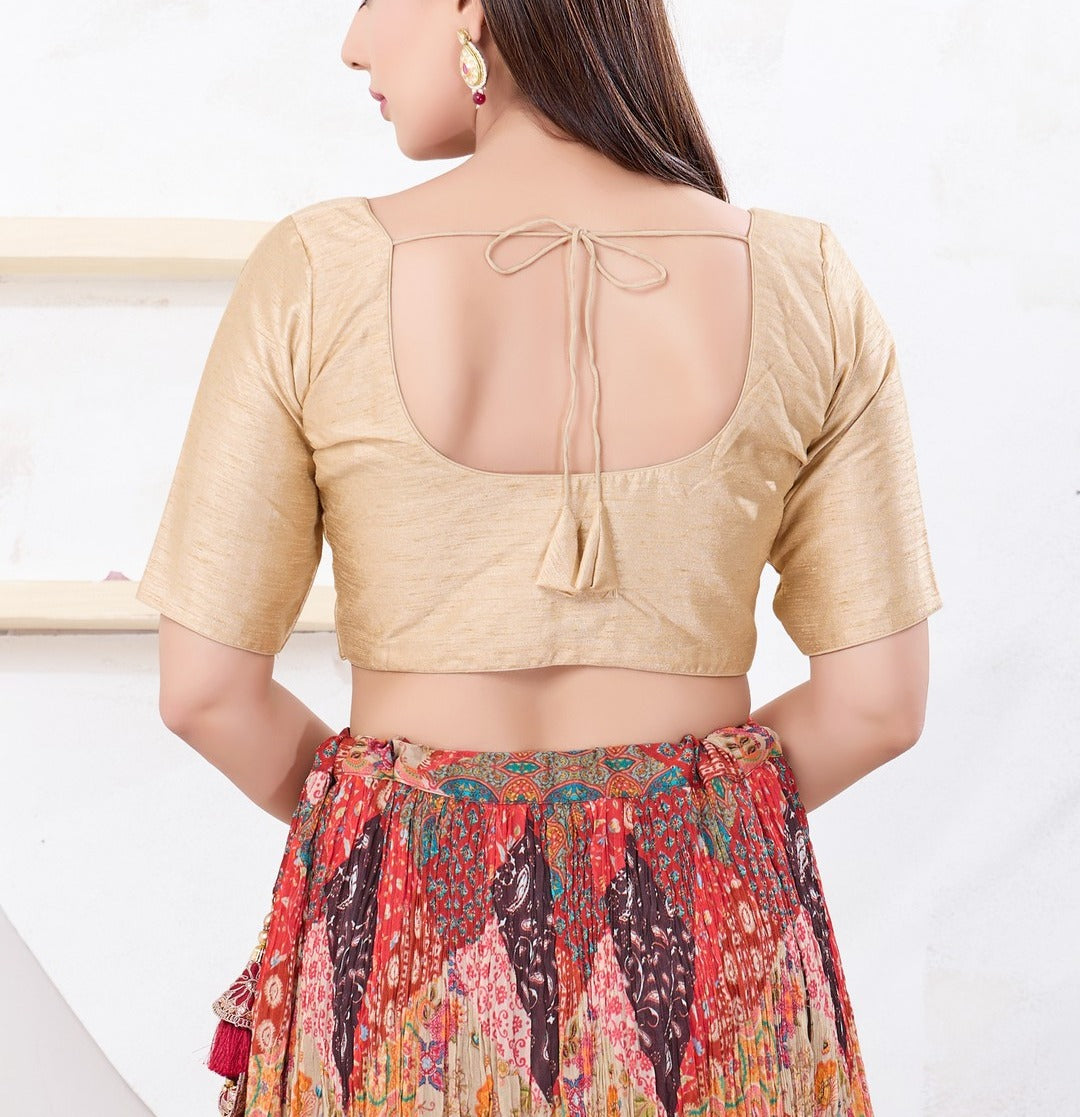 Beige Color Dupion Silk With Round Neck Readymade Blouse Near Me