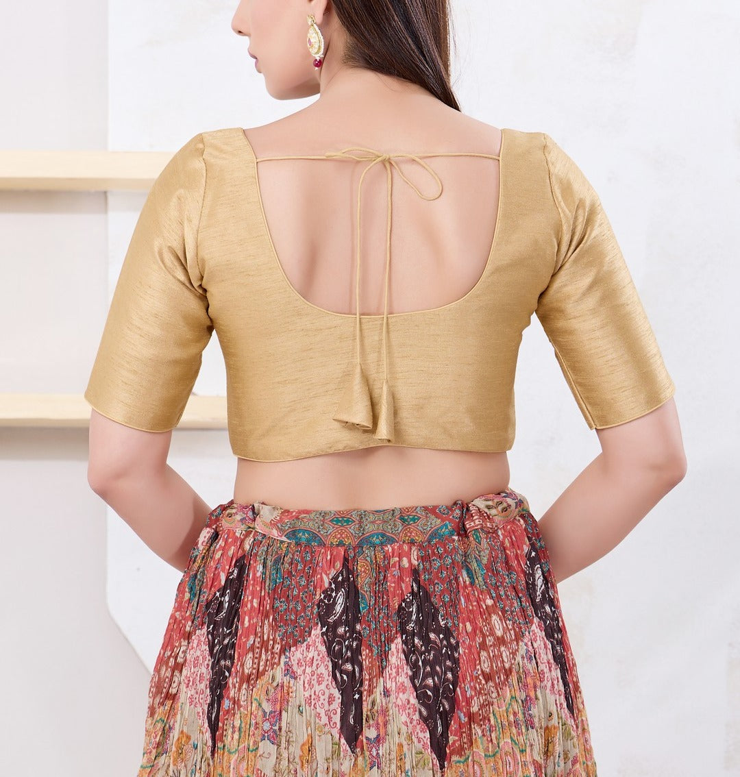 Gold Color Dupion Silk With Round Neck Readymade Blouse Near Me