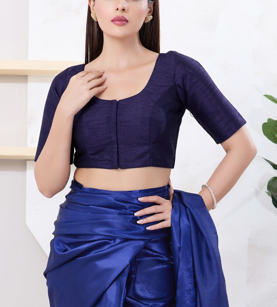 Pretty Navy Blue Color Dupion Silk With Round Neck Readymade Blouse For Women