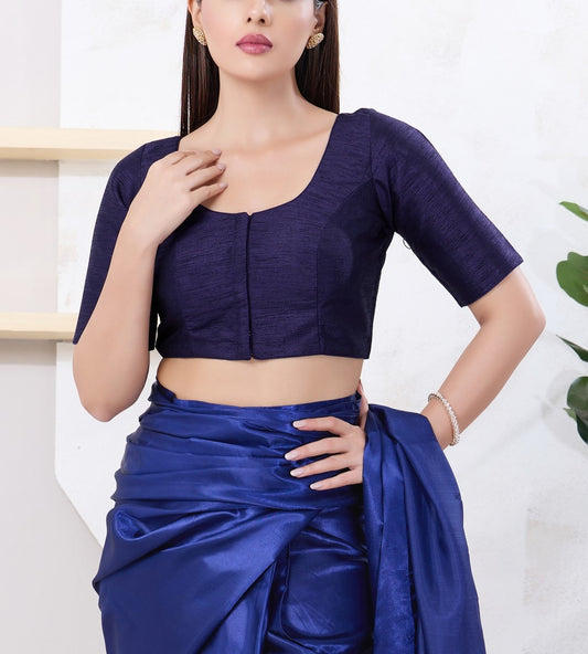 Pretty Navy Blue Color Dupion Silk With Round Neck Readymade Blouse For Women