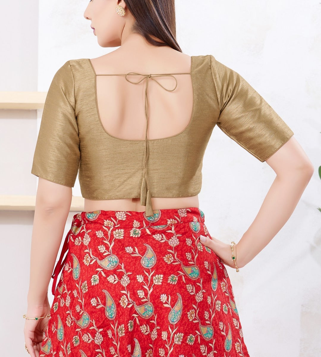 Dark Gold Color Dupion Silk With Round Neck Readymade Blouse Near Me