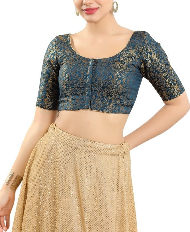 Wonderful Blue Color Brocade With Print Work Blouse For Women