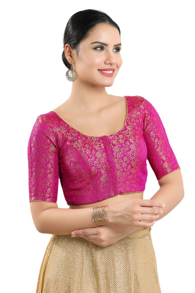 Elegant Pink Color Brocade With Print Work Blouse For Women