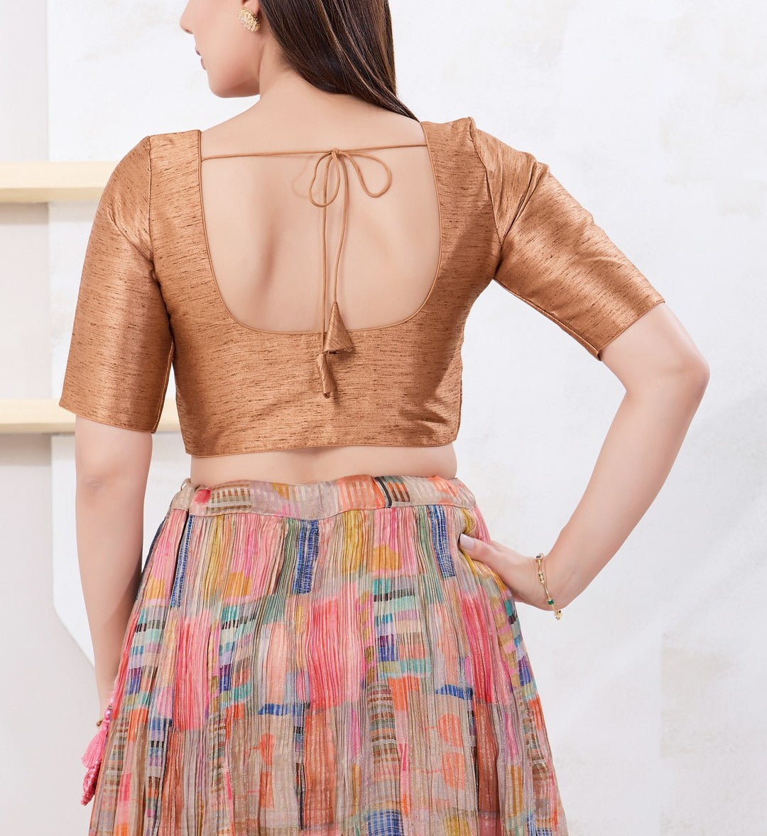 Copper Color Dupion Silk With Round Neck Readymade Blouse Near Me