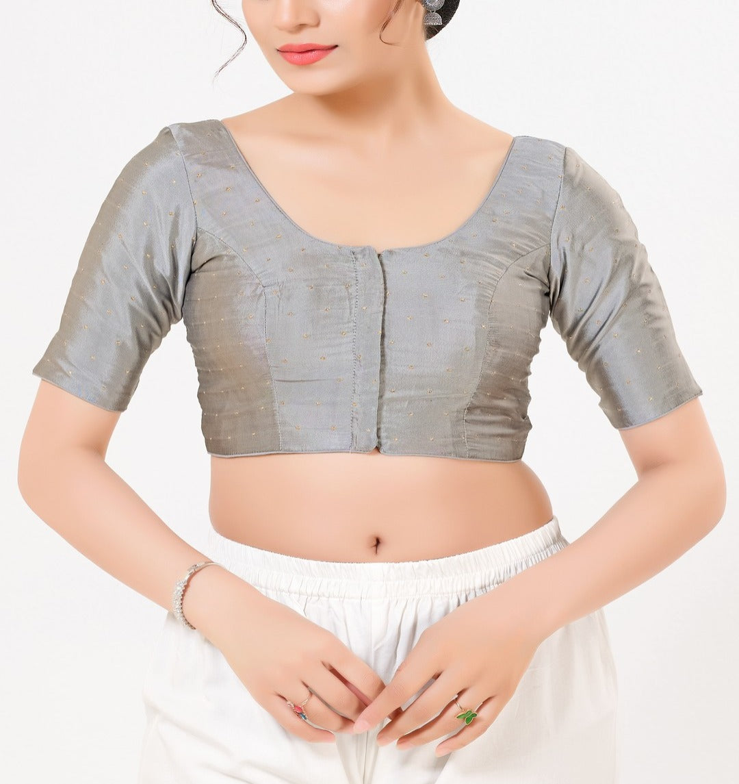 Attractive Gray Color Taffeta Silk With Round Neck Readymade Blouse For Women