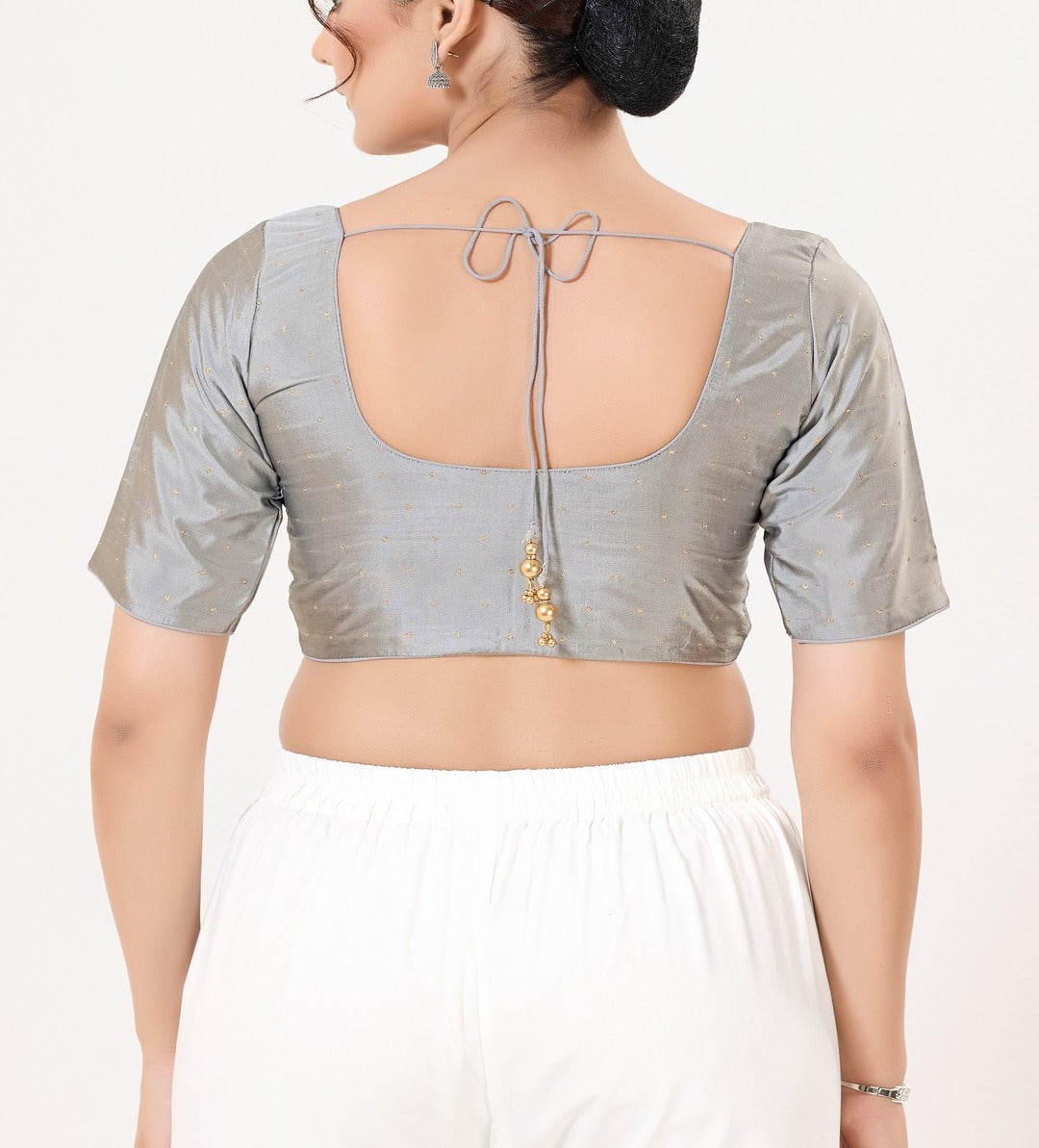 Gray Color Taffeta Silk With Round Neck Readymade Blouse Near Me