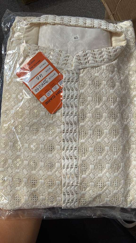 Fantastic White Color Cotton With Sequins And Chikankari Work Kurta Suits For Men