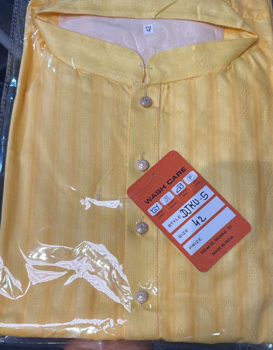 Gorgeous Bright Yellow Color Self Design Kurta With Pajama Set For Men
