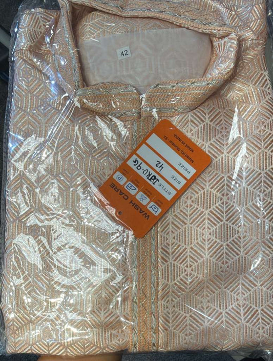 Fabulous Light Peach Color Self Design Kurta With Pajama Set For Men