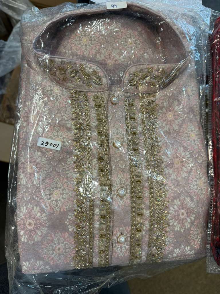 Appealing Pastel Pink Color Cotton With Zardozi Work Kurta Suits For Men