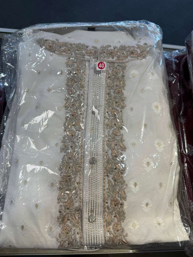 Charming White Color Jacquard  With Zardozi Work Kurta Pajama For Men