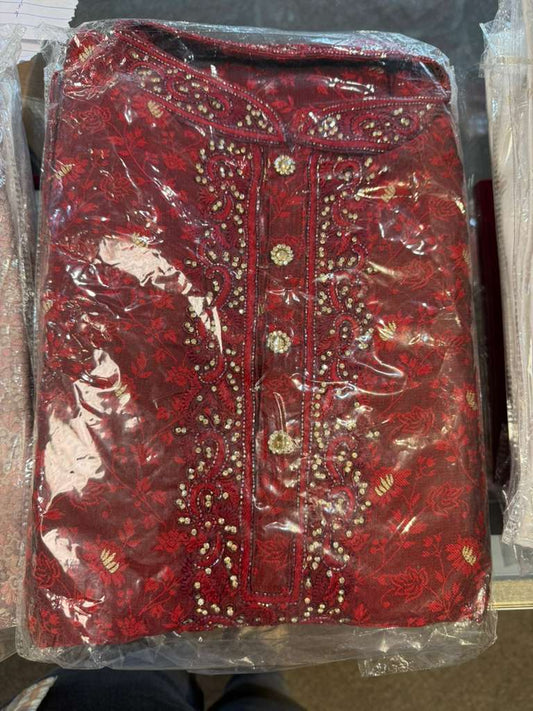 Fabulous Dark Maroon Brocade Cotton With Stone And  Embroidery Work Kurta Suits For Men