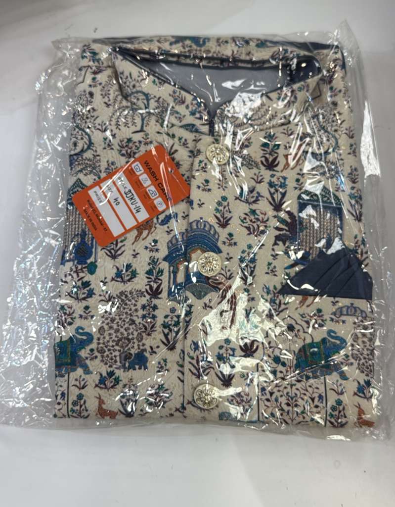 Fabulous Dark Blue Color Cotton With Printed Work Jacket Set For Men