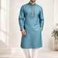 Delightful Teal Blue Color Cotton With Embroidery Work Designer Men's Kurta With Pajama Pant