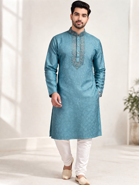 Delightful Teal Blue Color Cotton With Embroidery Work Designer Men's Kurta With Pajama Pant