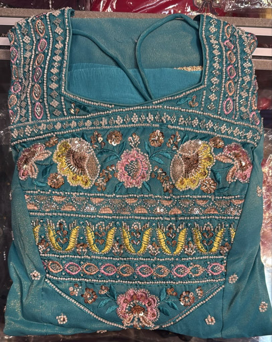 Amazing Teal Green Color Silk With Embroidery Work Sharara Suits With Dupatta For Women