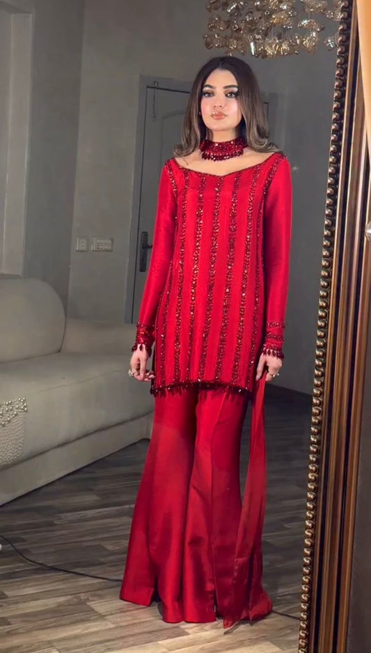 Stunning Red Color Rangoli Silk And Palazzo Suit Embroidery Work And Matching Dupatta For Women