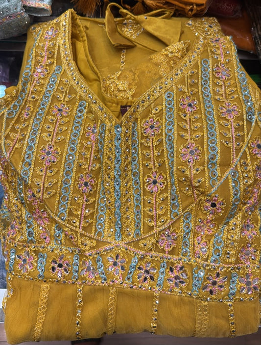 Appealing Mustard Yellow Color Georgette With Embroidery And Sequins Work Anarkali Gown