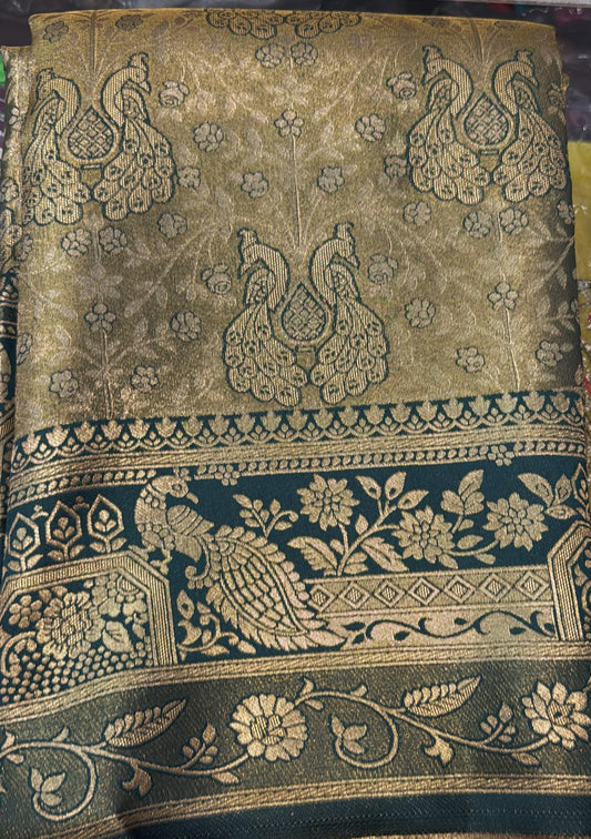 Stunning Dark Green Color Peacock Motifs Design Zari Work With Silk Saree For Women
